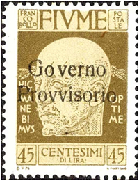 Francobollo del 1921 da 45 centesimi di Lira, con la stampa 