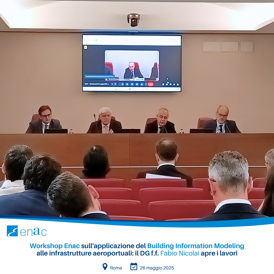 Fotografia del workshop ENAC sul BIM, con il DG f.f. Fabio Nicolai e i principali relatori riuniti in sala conferenze alla sede centrale di ENAC, durante gli interventi tecnici sulle infrastrutture aeroportuali digitali.