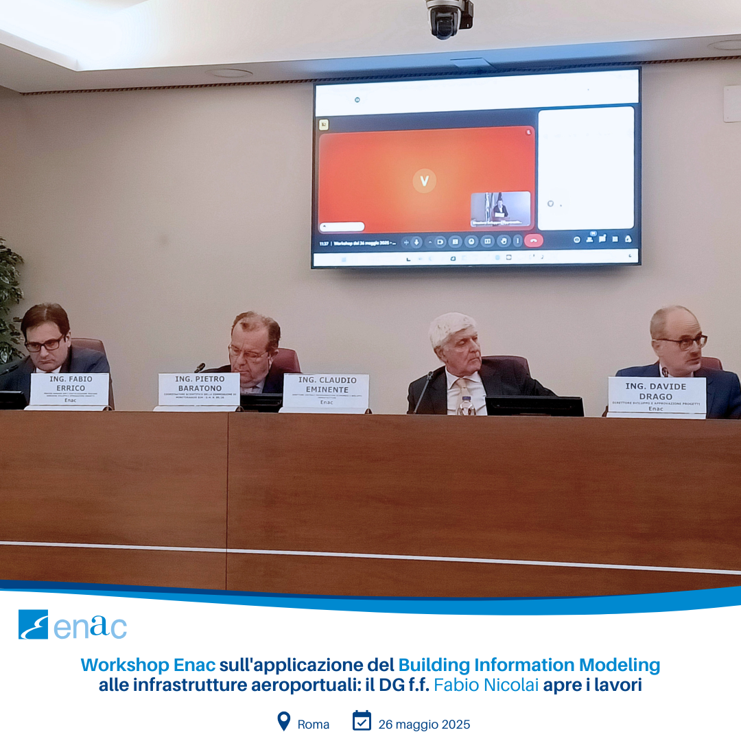 Fotografia del workshop ENAC sul BIM, con il DG f.f. Fabio Nicolai e i principali relatori riuniti in sala conferenze alla sede centrale di ENAC, durante gli interventi tecnici sulle infrastrutture aeroportuali digitali.