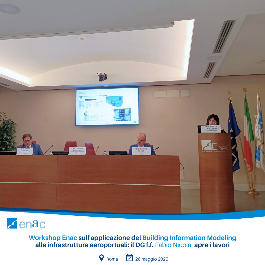 Fotografia del workshop ENAC sul BIM, con il DG f.f. Fabio Nicolai e i principali relatori riuniti in sala conferenze alla sede centrale di ENAC, durante gli interventi tecnici sulle infrastrutture aeroportuali digitali.