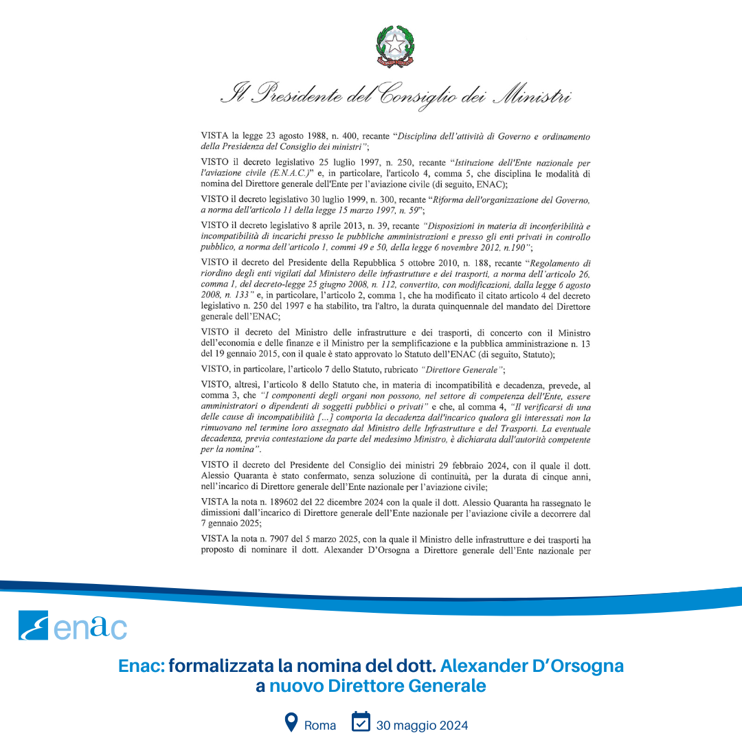 Nominato il nuovo DG Enac