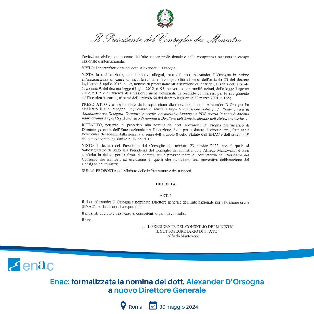 Nominato il nuovo DG Enac
