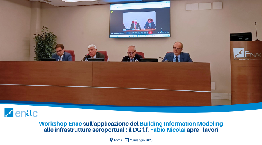 Fotografia del workshop ENAC sul BIM, con il DG f.f. Fabio Nicolai e i principali relatori riuniti in sala conferenze alla sede centrale di ENAC, durante gli interventi tecnici sulle infrastrutture aeroportuali digitali.