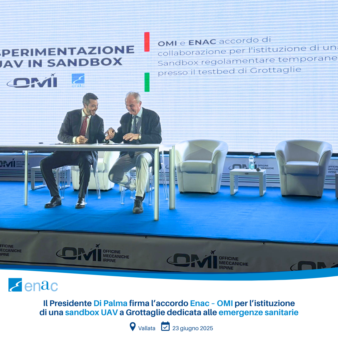 Il Presidente Di Palma firma l’accordo Enac – OMI per l’istituzione di una sandbox UAV a Grottaglie dedicata alle emergenze sanitarie