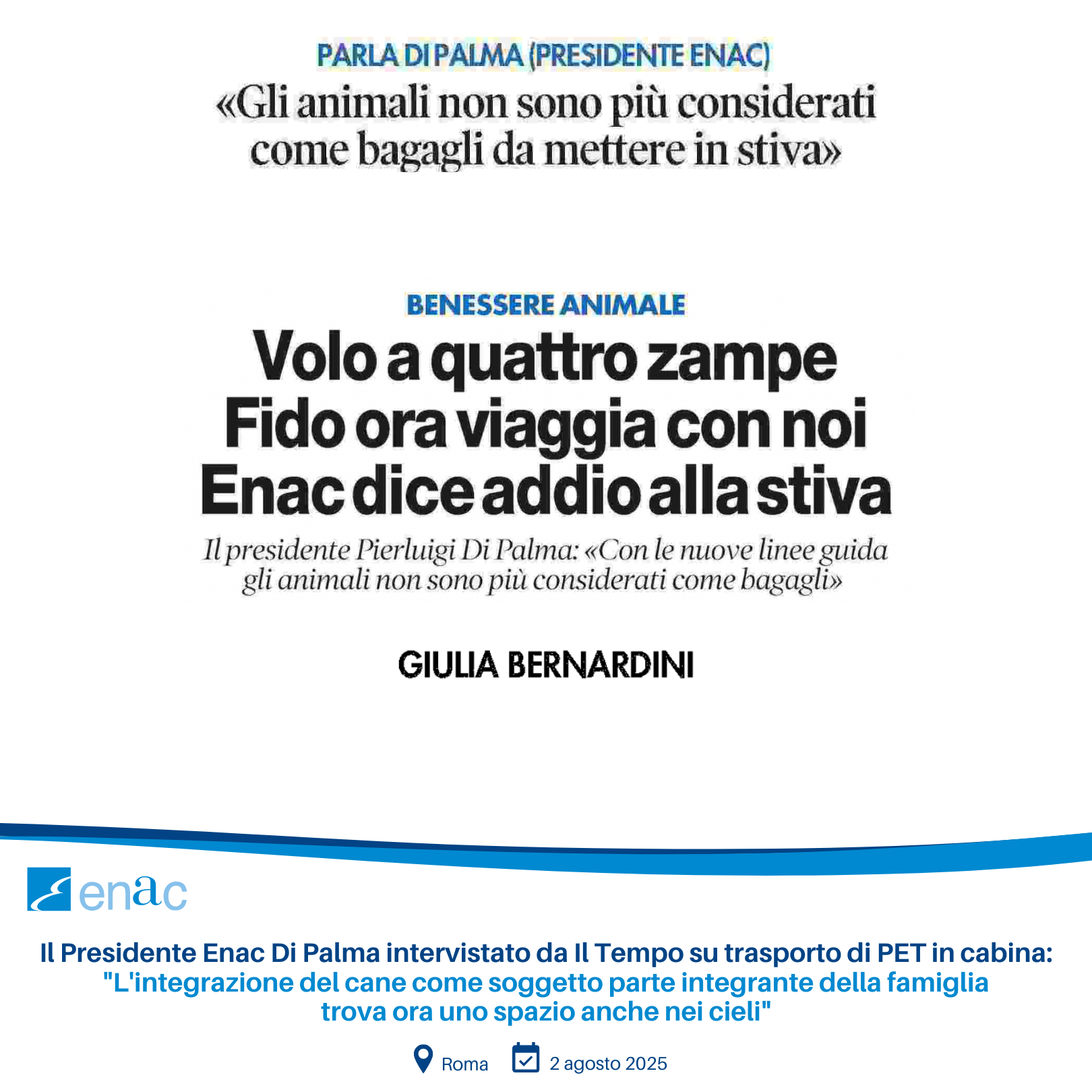 Il Presidente Enac Di Palma intervistato da Il Tempo su trasporto di PET in cabina
