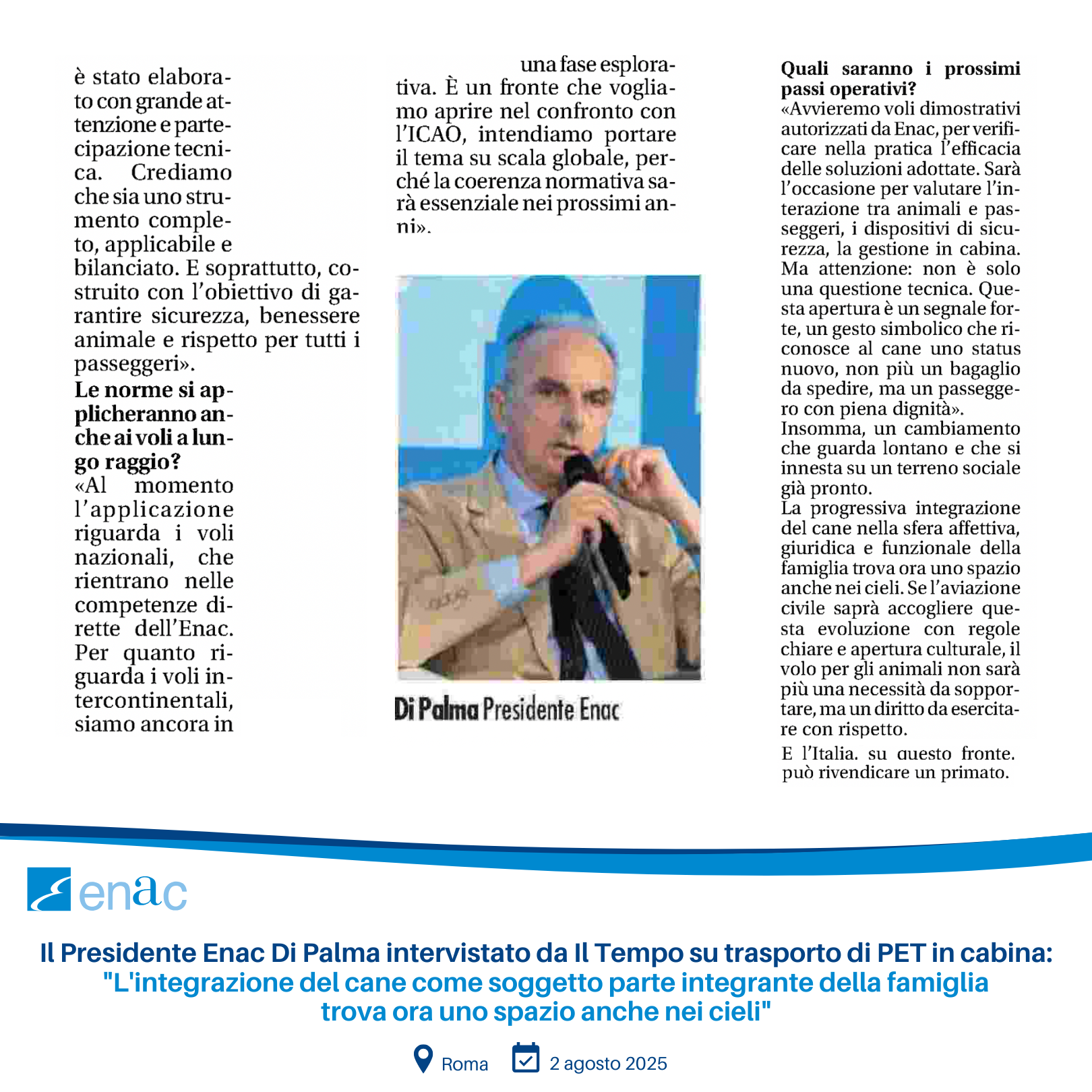 Il Presidente Enac Di Palma intervistato da Il Tempo su trasporto di PET in cabina