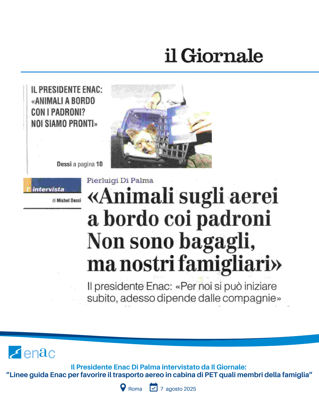 Il Presidente Enac Di Palma intervistato da Il Giornale: "Linee guida Enac per favorire il trasporto aereo in cabina di PET quali membri della famiglia"