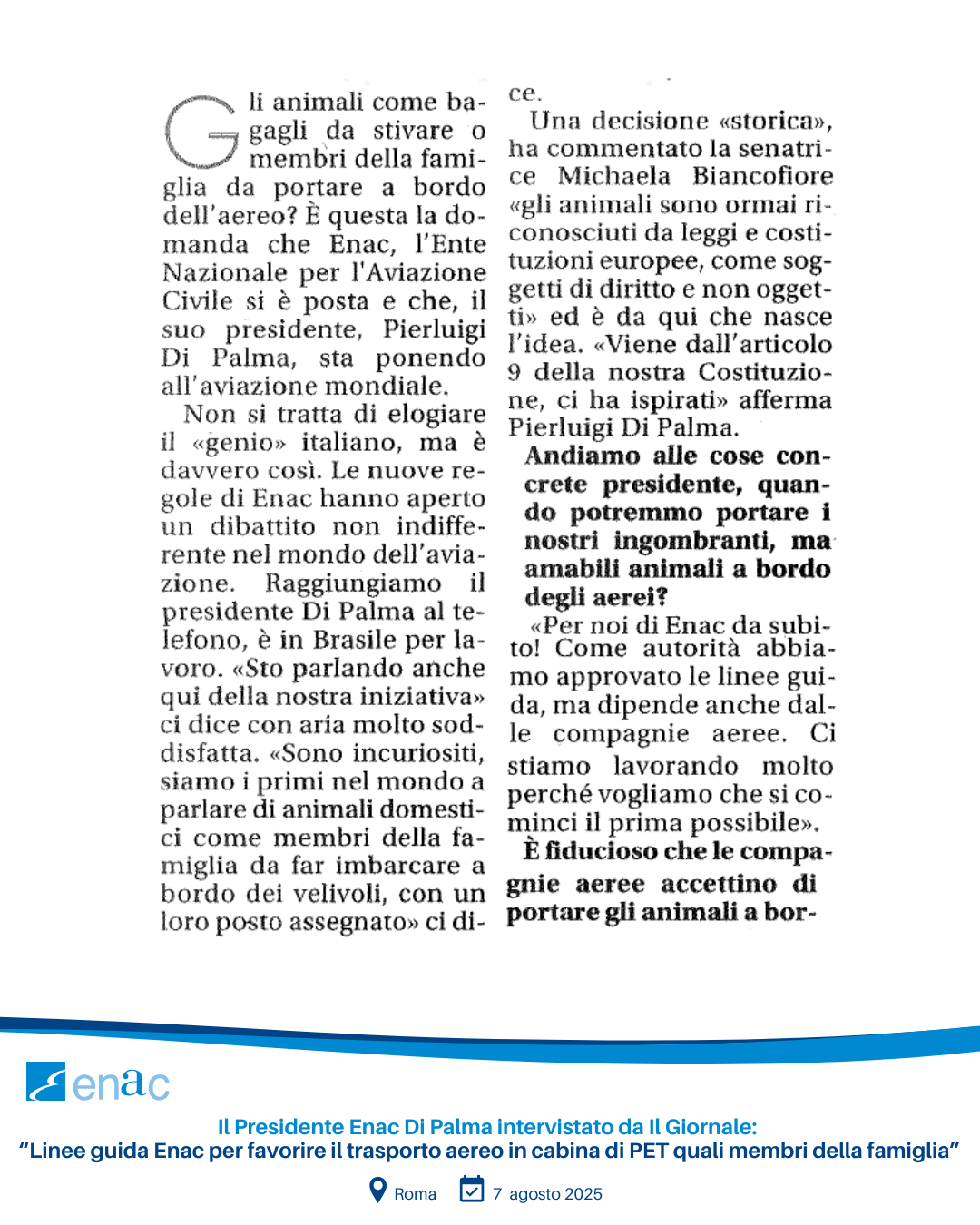 Il Presidente Enac Di Palma intervistato da Il Giornale: "Linee guida Enac per favorire il trasporto aereo in cabina di PET quali membri della famiglia"