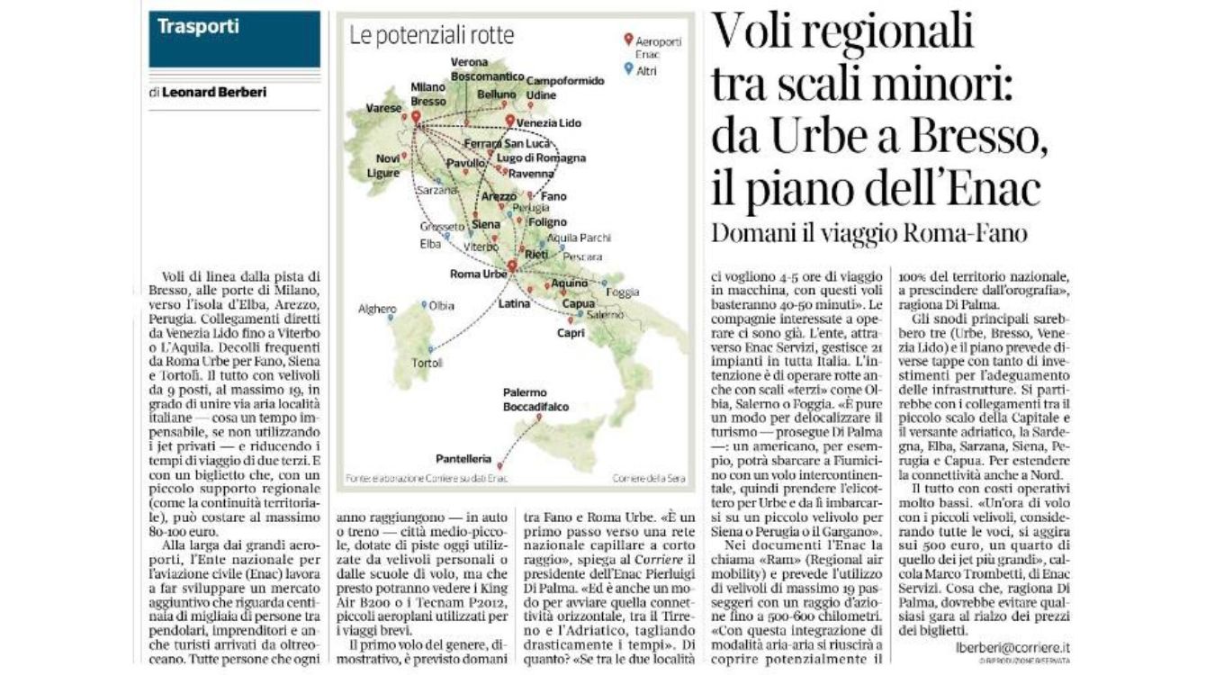 Articolo Corriere Presidente Enac Regional Air Mobility