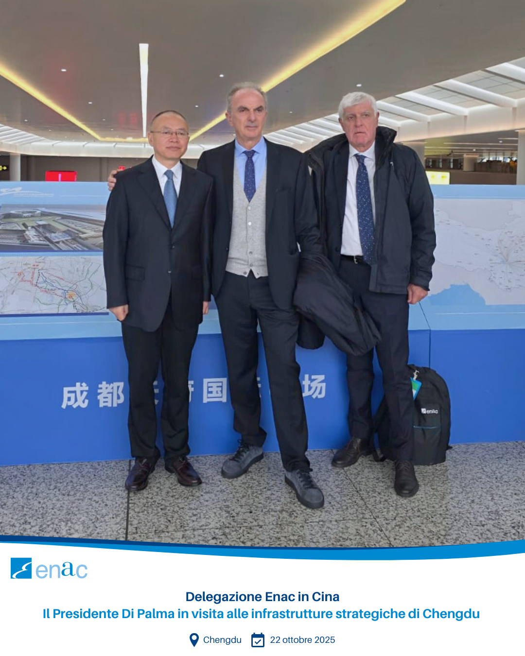 Delegazione Enac in Cina Il Presidente Di Palma in visita alle infrastrutture strategiche di Chengdu