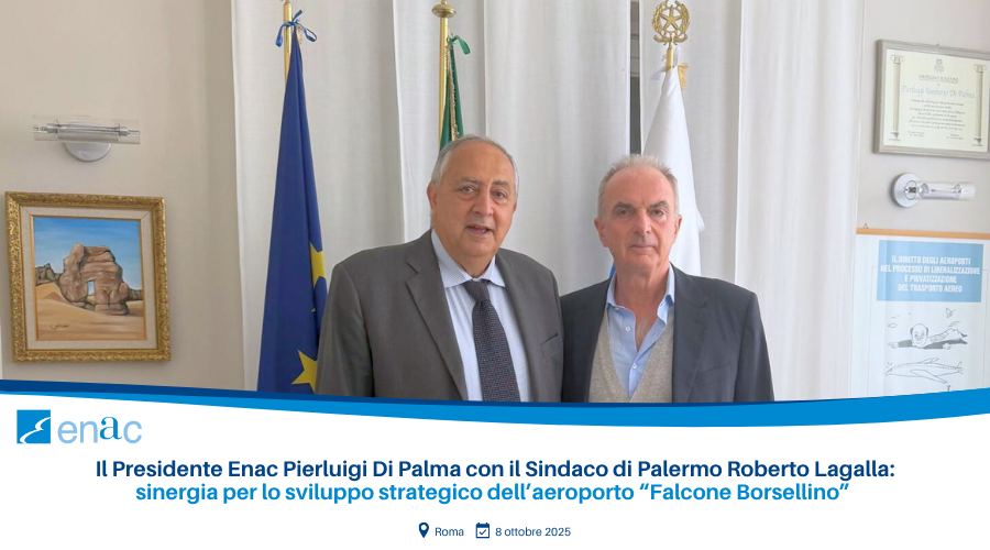 Il Presidente Enac Pierluigi Di Palma con il Sindaco di Palermo Roberto Lagalla: sinergia per lo sviluppo strategico dell’aeroporto “Falcone Borsellino”