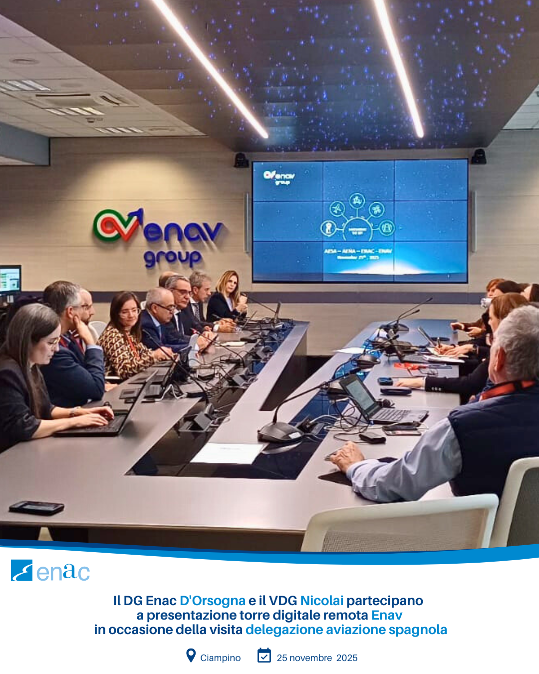 Il DG Enac D'Orsogna e il VDG Nicolai partecipano a presentazione torre digitale remota Enav in occasione della visita delegazione aviazione spagnola