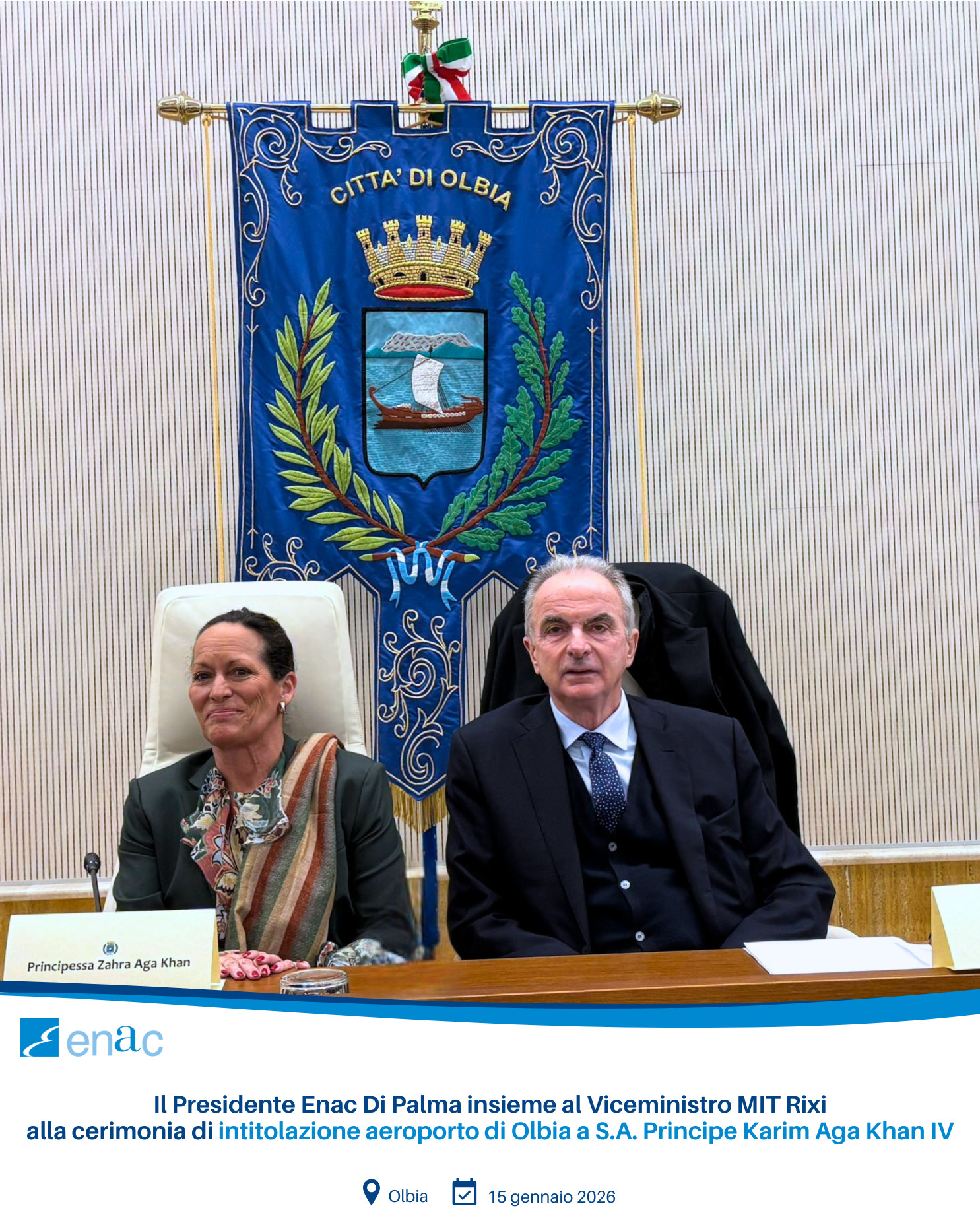 Il Presidente Enac Di Palma insieme al Viceministro MIT Rixi alla cerimonia di intitolazione aeroporto di Olbia a S.A. Principe Karim Aga Khan IV