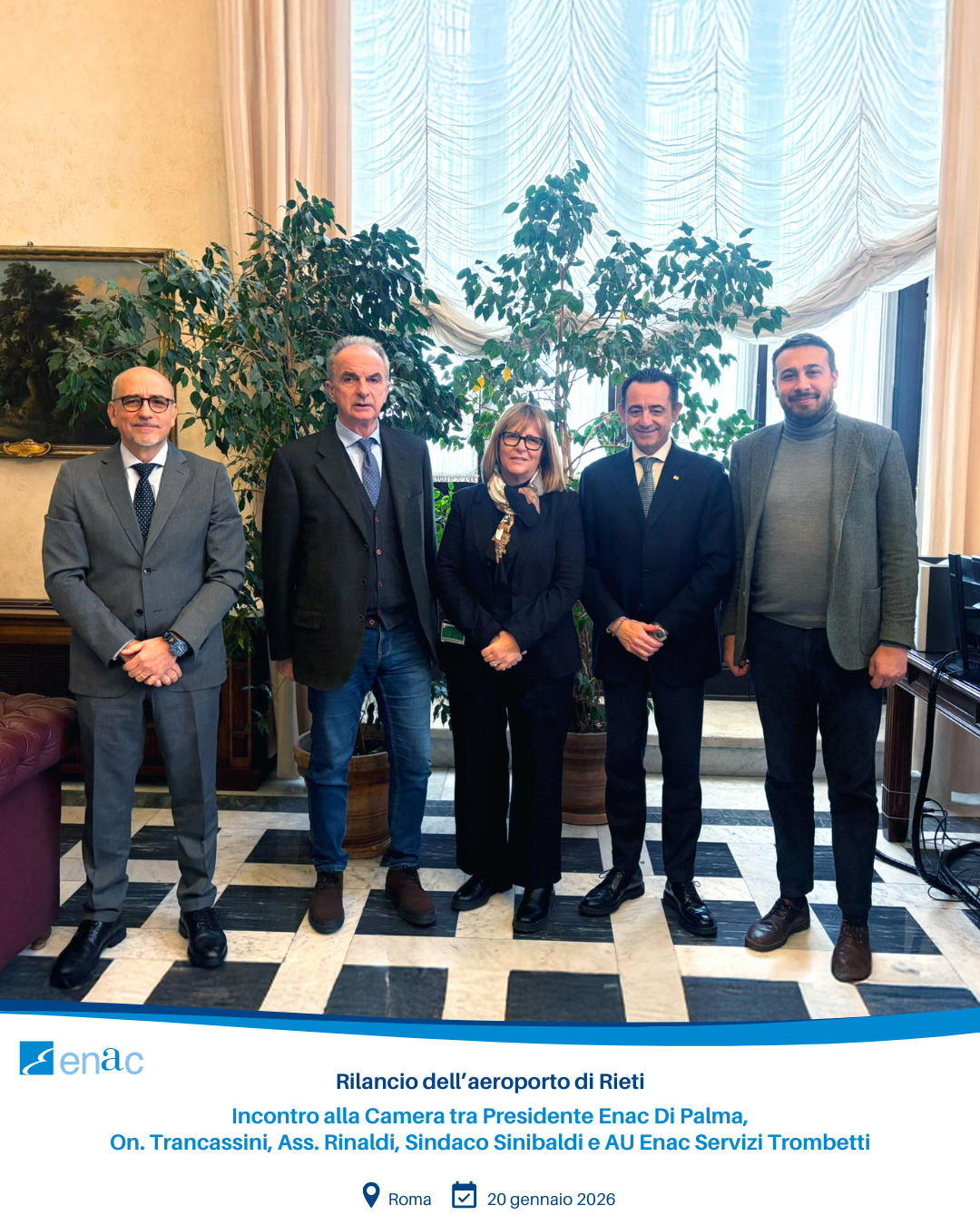 Rilancio dell'aeroporto di Rieti Incontro alla Camera tra Presidente Enac Di Palma, On. Trancassini, Ass. Rinaldi, Sindaco Sinibaldi e AU Enac Servizi Trombetti