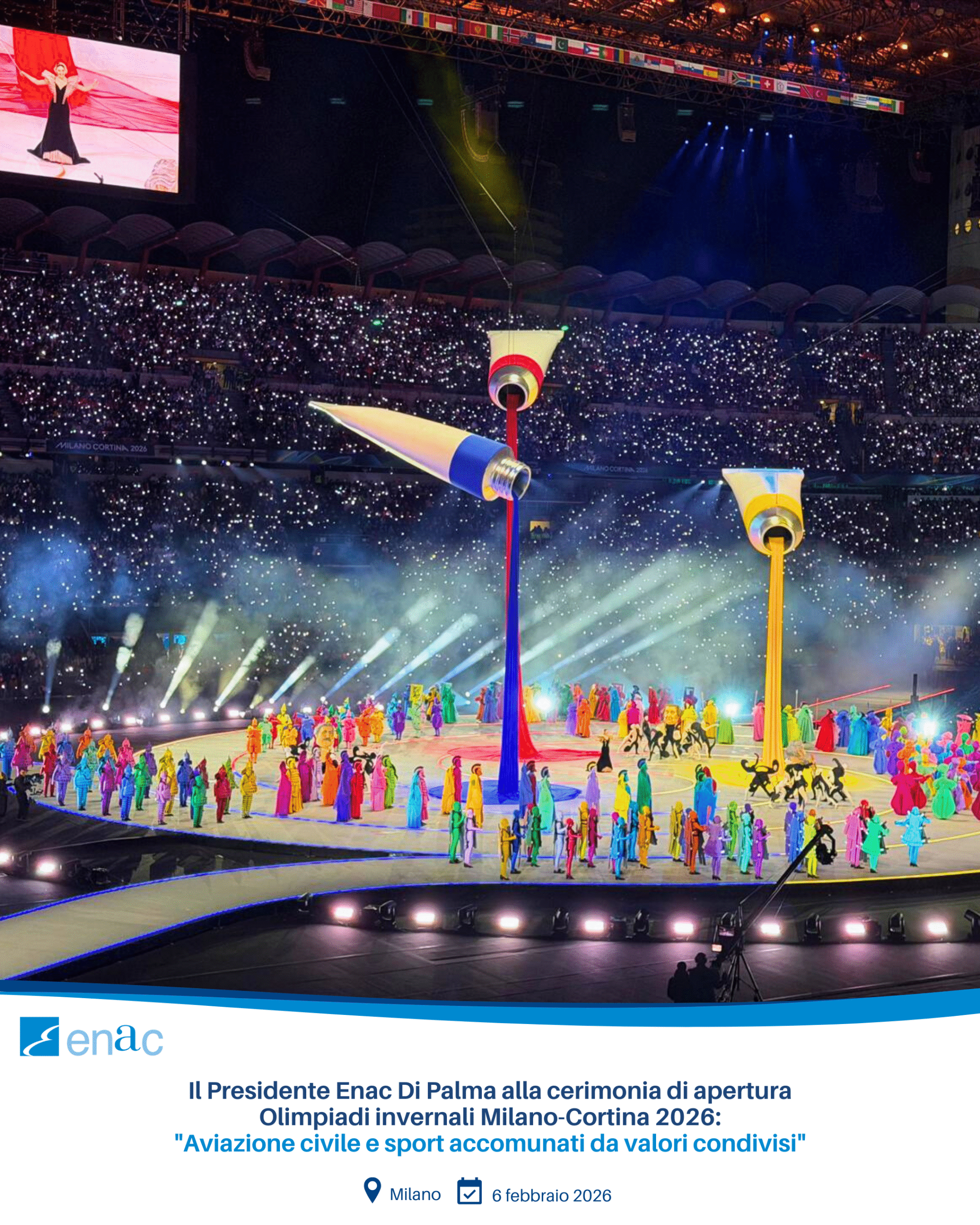 Il Presidente Enac Di Palma alla cerimonia di apertura Olimpiadi invernali Milano-Cortina 2026: "Aviazione civile e sport accomunati da valori condivisi"