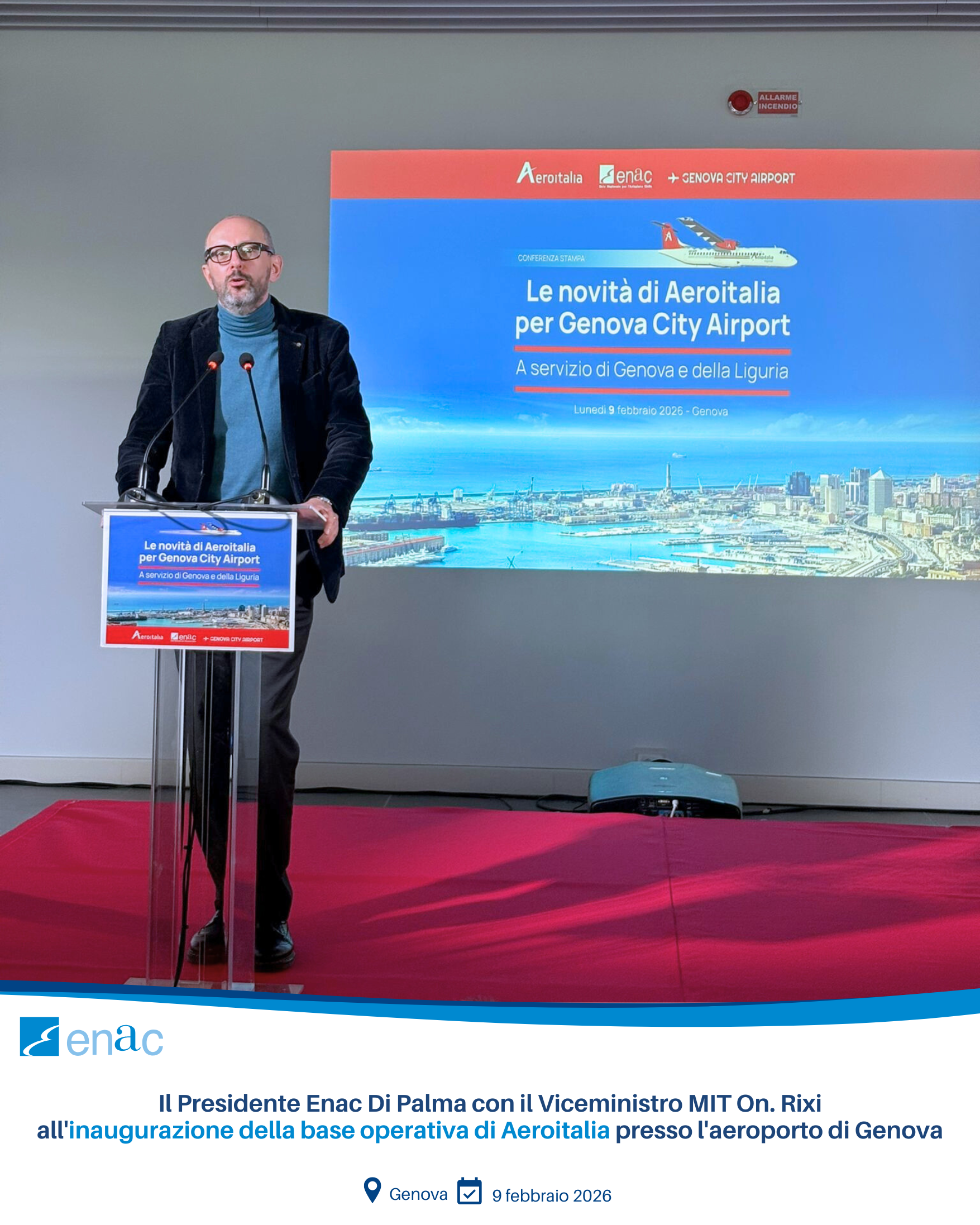 Il Presidente Enac Di Palma con il Viceministro MIT On. Rixi all'inaugurazione della base operativa di Aeroitalia presso l'aeroporto di Genova