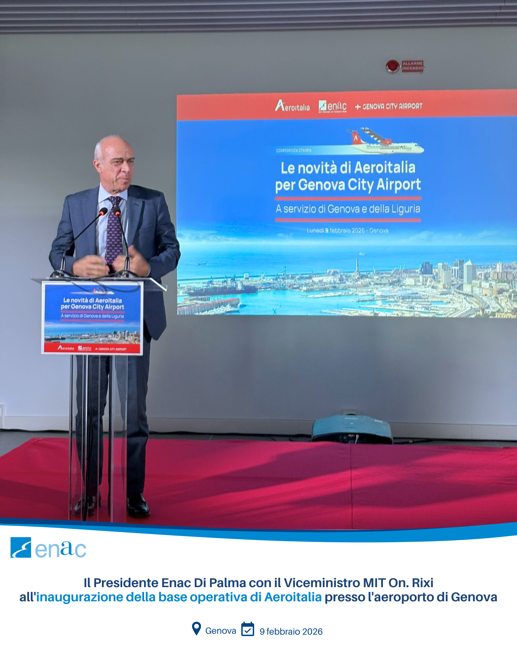 Il Presidente Enac Di Palma con il Viceministro MIT On. Rixi all'inaugurazione della base operativa di Aeroitalia presso l'aeroporto di Genova