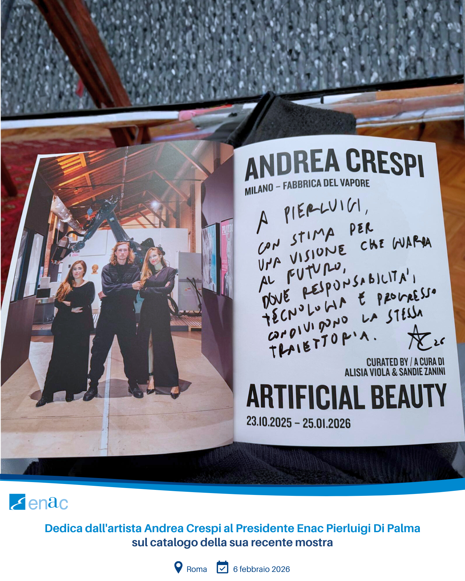 Dedica dall'artista Andrea Crespi al Presidente Enac Pierluigi Di Palma sul catalogo della sua recente mostra