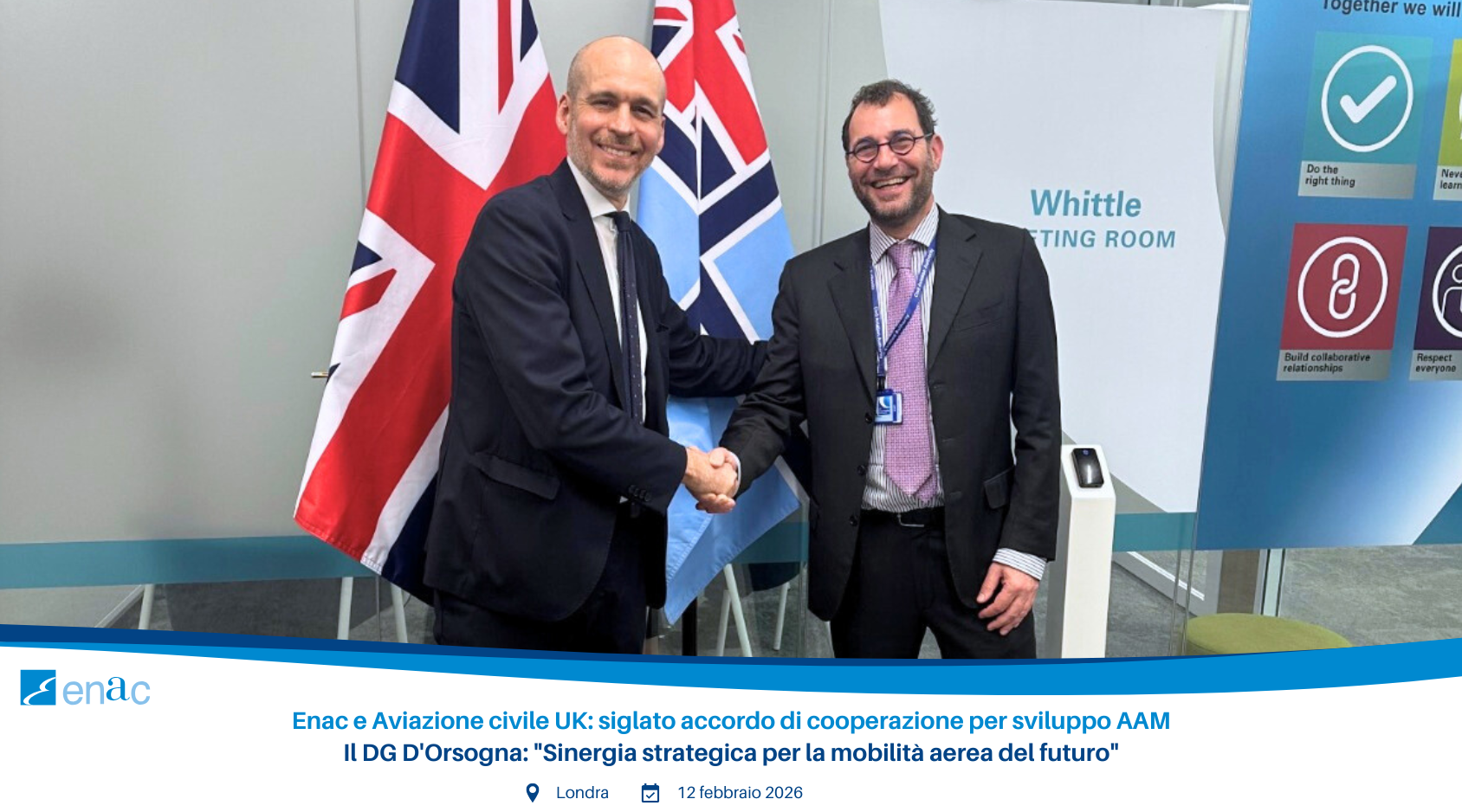 Enac e Aviazione civile UK: siglato accordo di cooperazione per sviluppo AAM. Il DG D'Orsogna: "Sinergia strategica per la mobilità aerea del futuro"