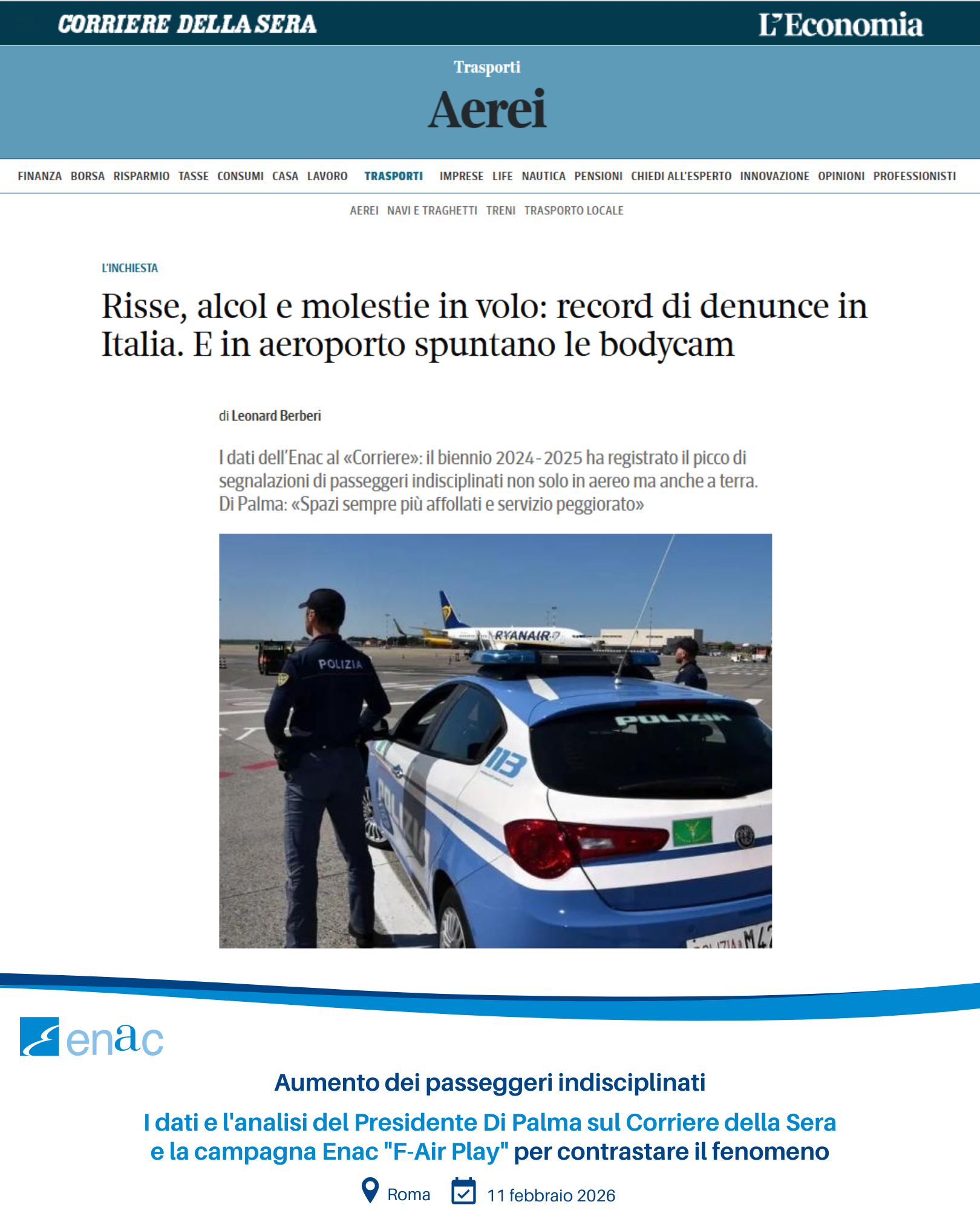 Aumento dei passeggeri indisciplinati - I dati e l'analisi del Presidente Di Palma sul Corriere della Sera e la campagna Enac "F-Air Play" per contrastare il fenomeno