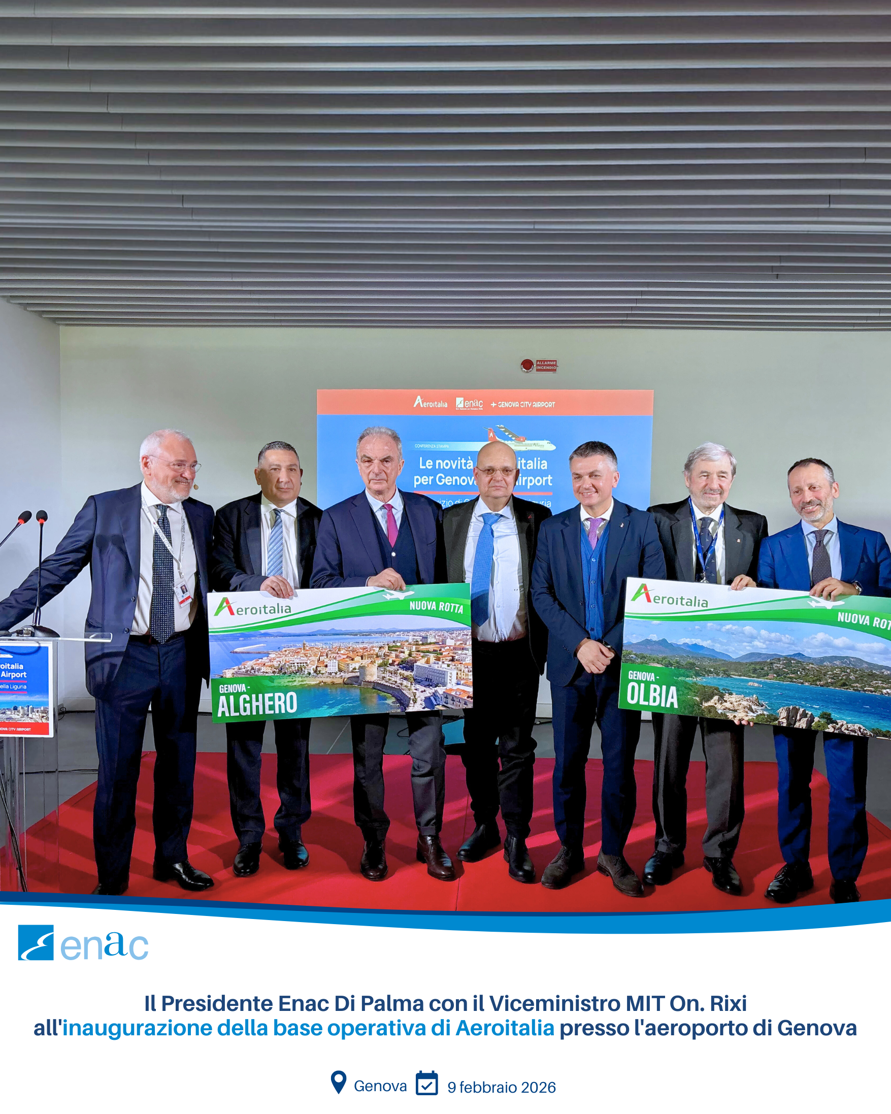 Il Presidente Enac Di Palma con il Viceministro MIT On. Rixi all'inaugurazione della base operativa di Aeroitalia presso l'aeroporto di Genova