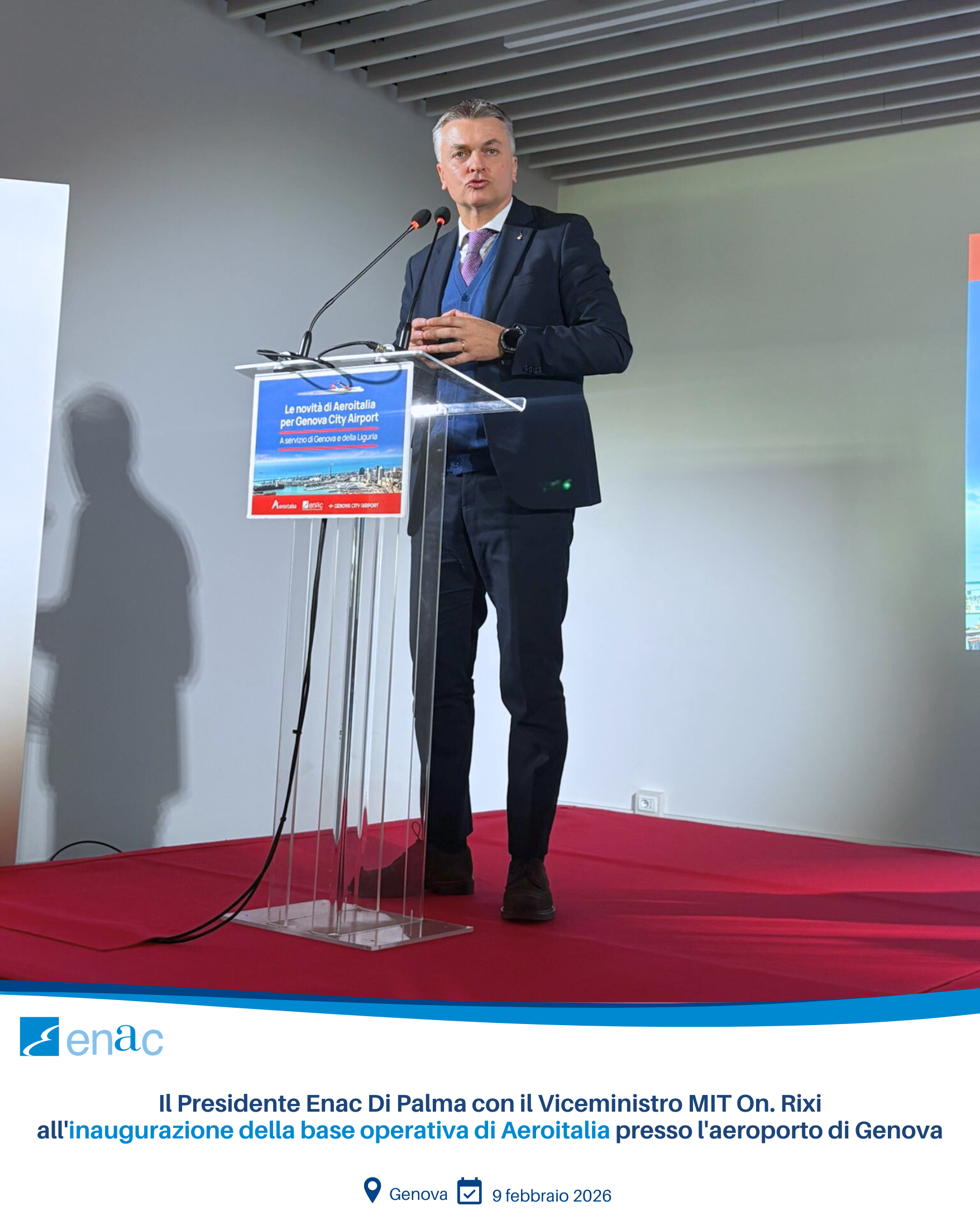 Il Presidente Enac Di Palma con il Viceministro MIT On. Rixi all'inaugurazione della base operativa di Aeroitalia presso l'aeroporto di Genova