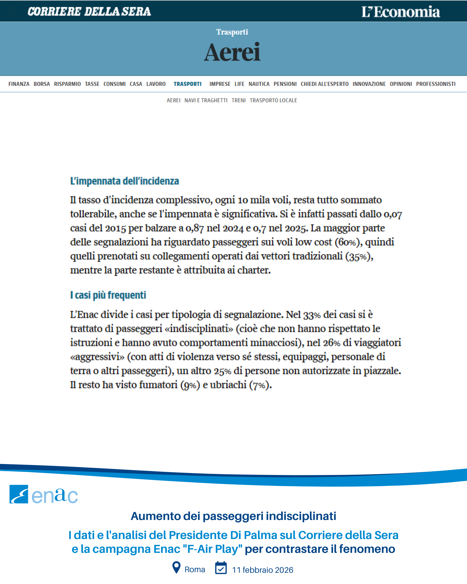 Aumento dei passeggeri indisciplinati - I dati e l'analisi del Presidente Di Palma sul Corriere della Sera e la campagna Enac "F-Air Play" per contrastare il fenomeno