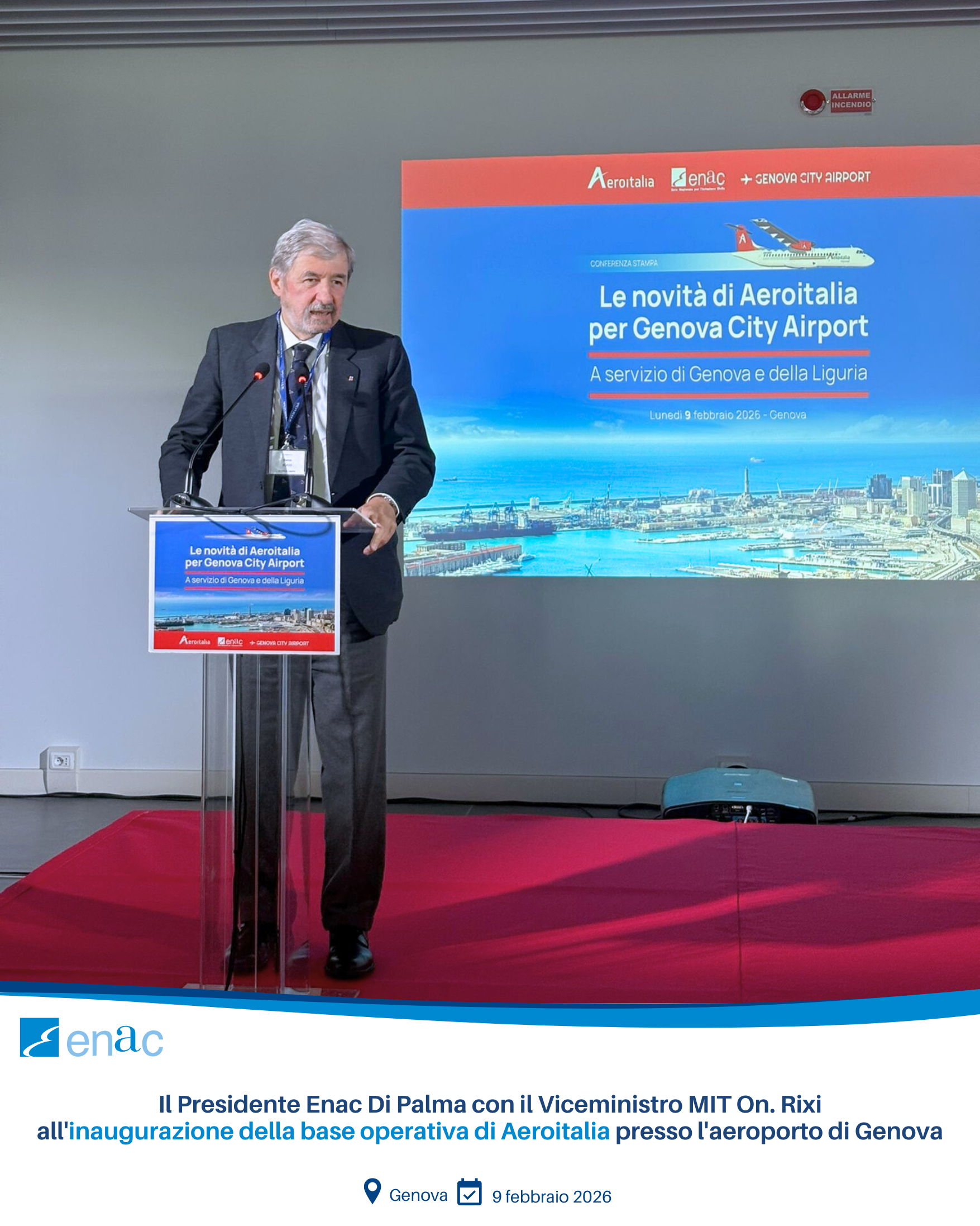Il Presidente Enac Di Palma con il Viceministro MIT On. Rixi all'inaugurazione della base operativa di Aeroitalia presso l'aeroporto di Genova