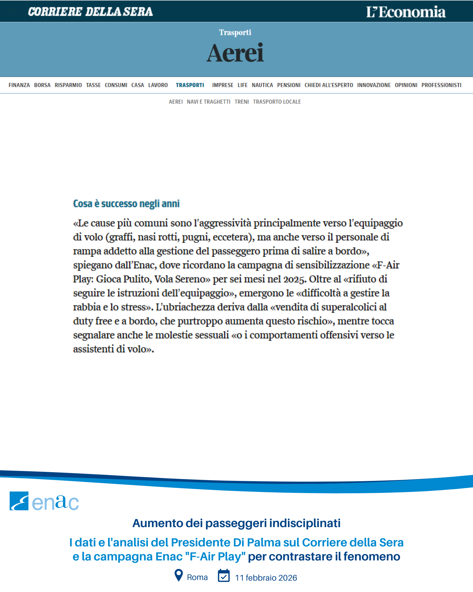 Aumento dei passeggeri indisciplinati - I dati e l'analisi del Presidente Di Palma sul Corriere della Sera e la campagna Enac "F-Air Play" per contrastare il fenomeno