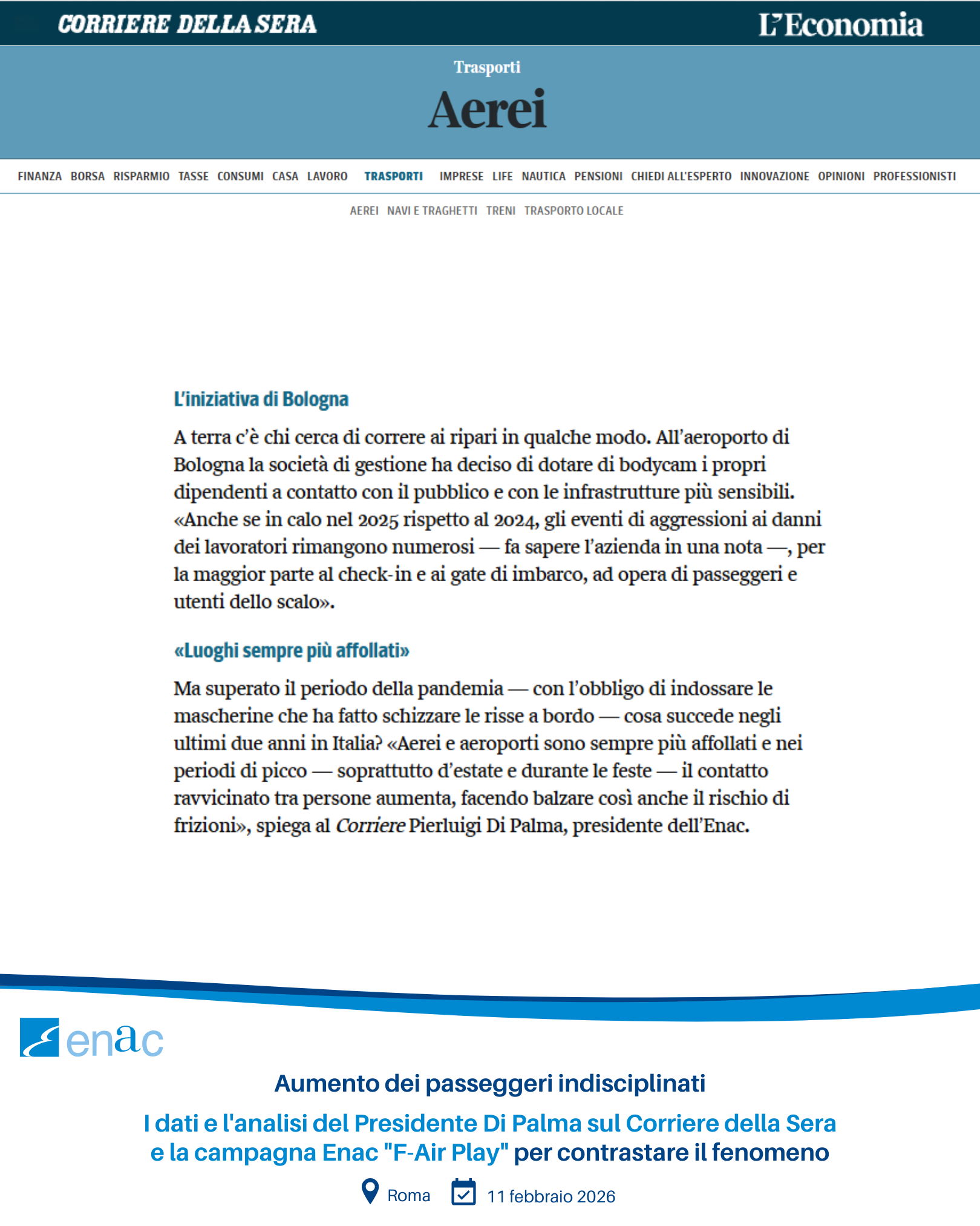 Aumento dei passeggeri indisciplinati - I dati e l'analisi del Presidente Di Palma sul Corriere della Sera e la campagna Enac "F-Air Play" per contrastare il fenomeno