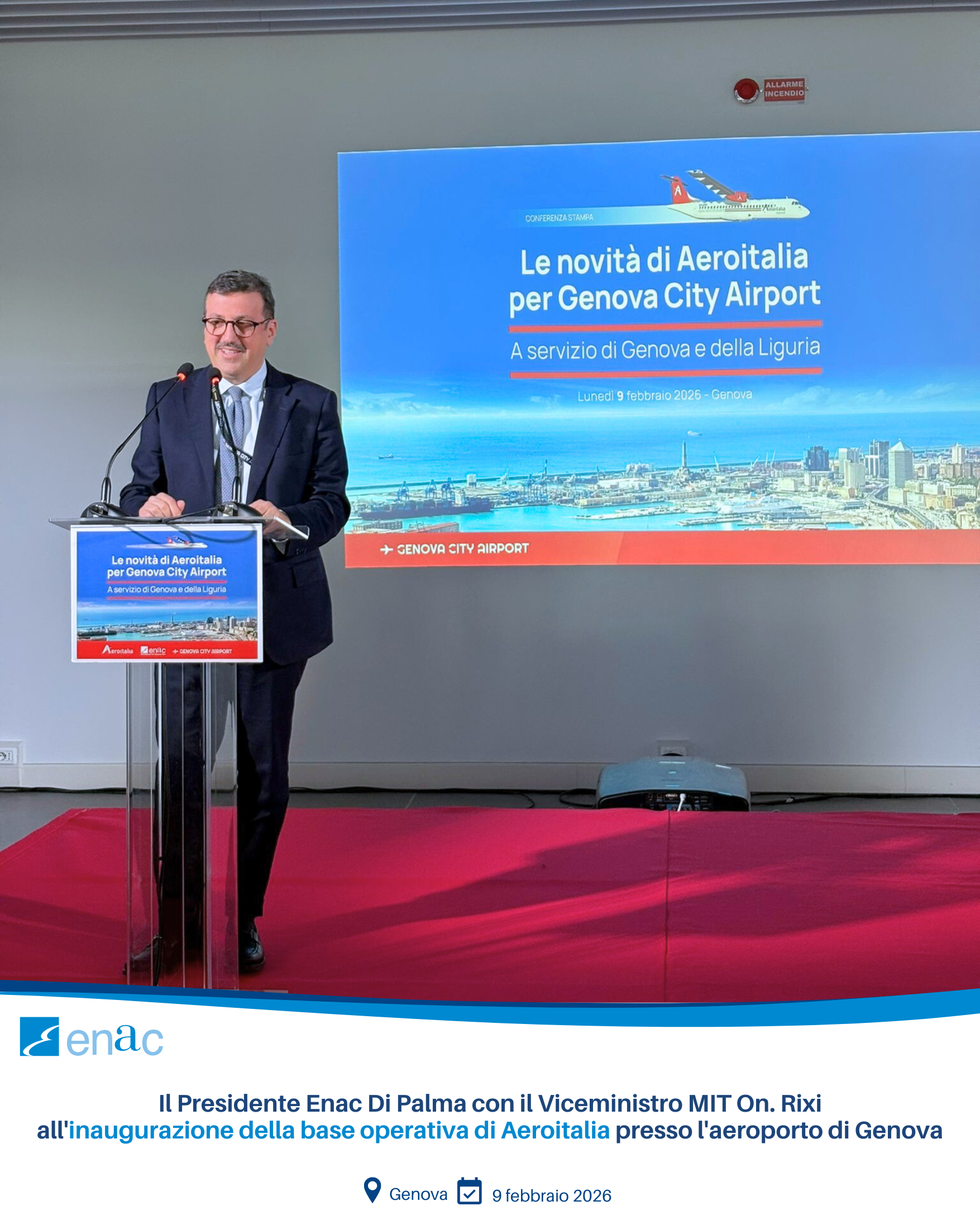 Il Presidente Enac Di Palma con il Viceministro MIT On. Rixi all'inaugurazione della base operativa di Aeroitalia presso l'aeroporto di Genova