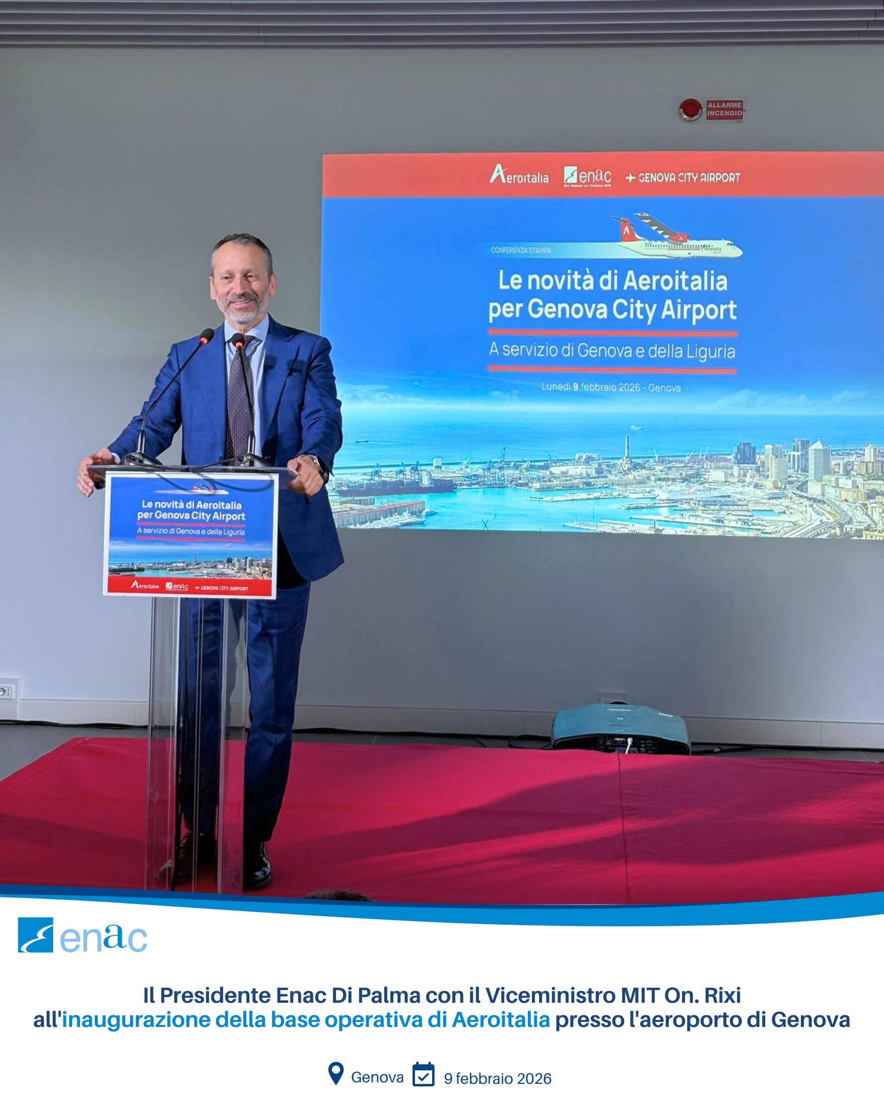 Il Presidente Enac Di Palma con il Viceministro MIT On. Rixi all'inaugurazione della base operativa di Aeroitalia presso l'aeroporto di Genova
