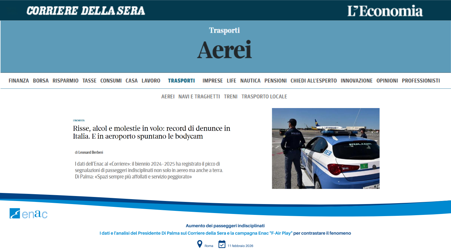 Aumento dei passeggeri indisciplinati - I dati e l'analisi del Presidente Di Palma sul Corriere della Sera e la campagna Enac "F-Air Play" per contrastare il fenomeno