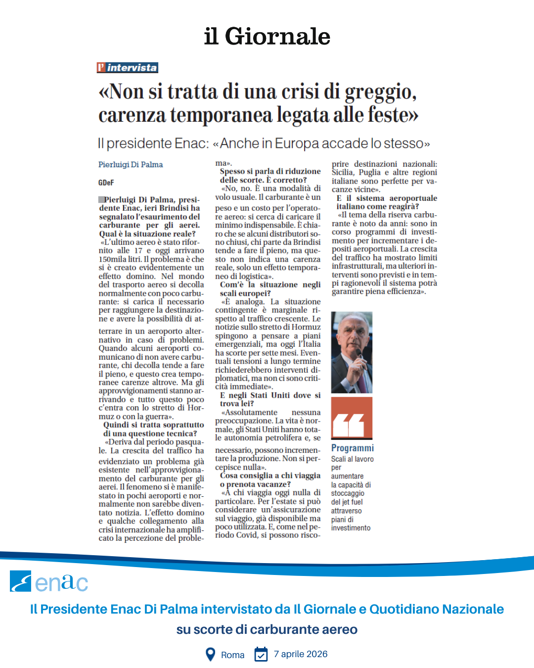 Il Presidente Enac Di Palma intervistato da Il Giornale e Quotidiano Nazionale su scorte di carburante aereo