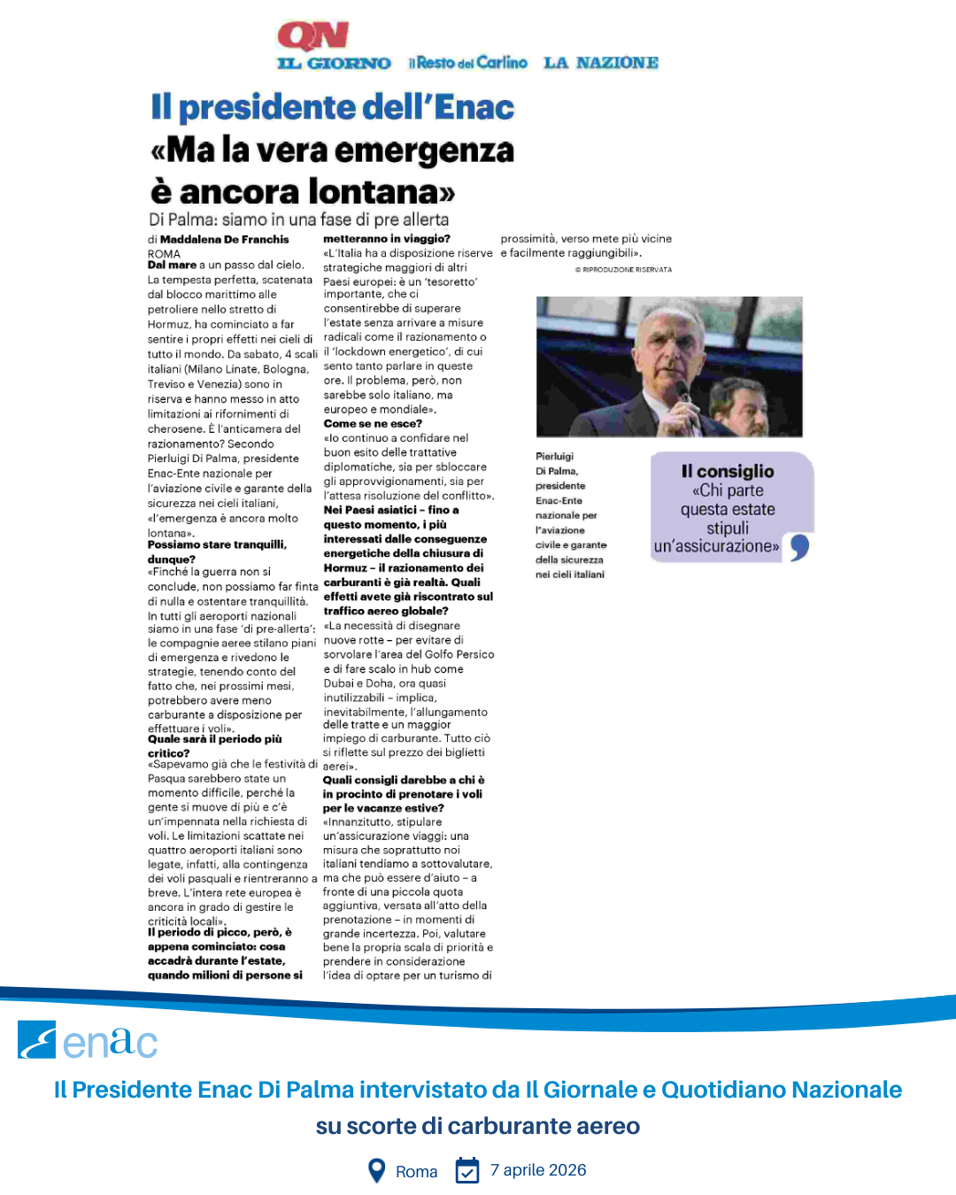 Il Presidente Enac Di Palma intervistato da Il Giornale e Quotidiano Nazionale su scorte di carburante aereo