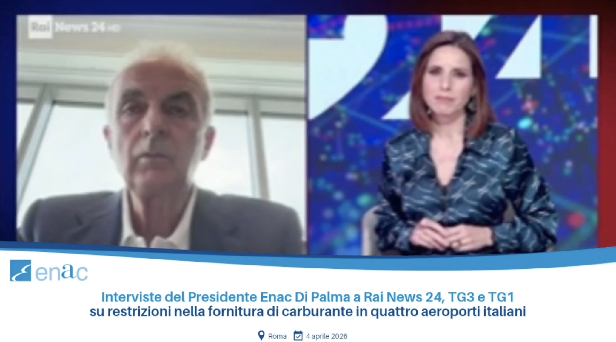 Interviste del Presidente Enac Di Palma a Rai News 24, TG3 e TG1 su restrizioni nella fornitura di carburante in quattro aeroporti italiani