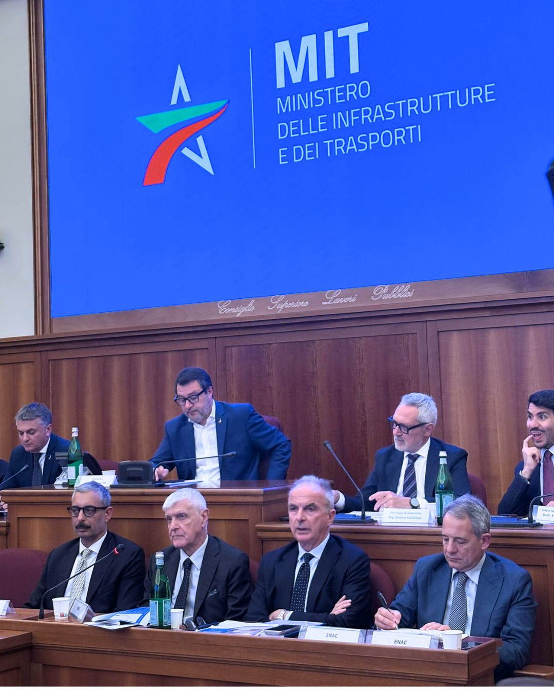 Il Presidente Enac Di Palma con il Ministro MIT Salvini e il Viceministro Rixi alla presentazione del nuovo Piano Nazionale Aeroporti