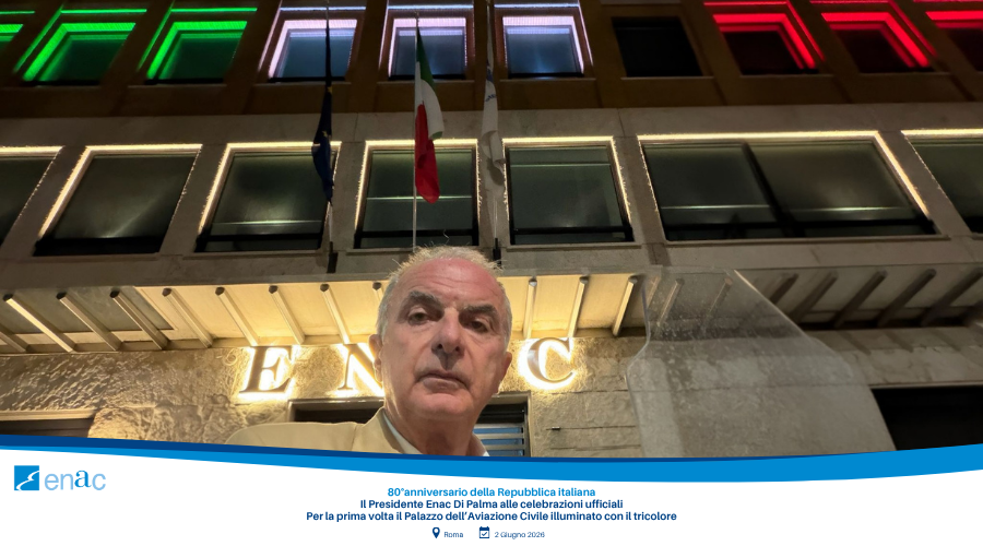 80°anniversario della Repubblica italiana - Il Presidente Enac Di Palma alle celebrazioni ufficiali - Per la prima volta il Palazzo dell’Aviazione Civile illuminato con il tricolore
