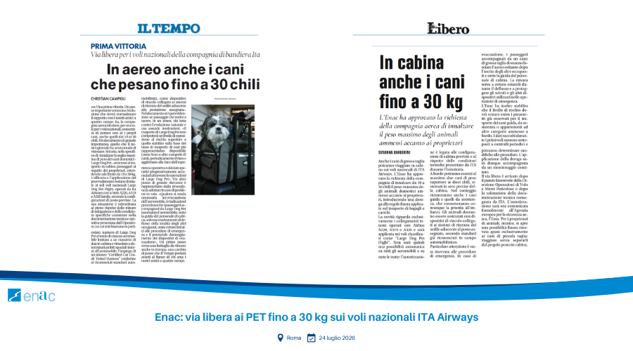 Enac: via libera ai PET fino a 30 kg sui voli nazionali ITA Airways