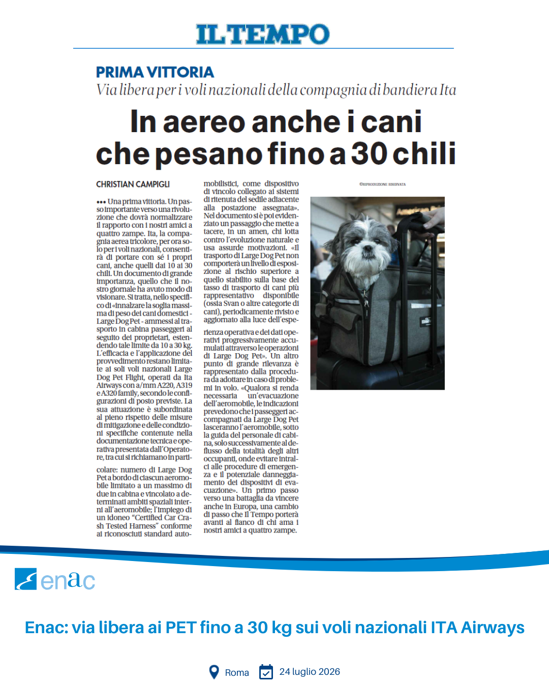 Enac: via libera ai PET fino a 30 kg sui voli nazionali ITA Airways