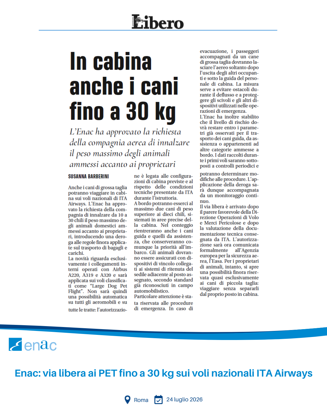 Enac: via libera ai PET fino a 30 kg sui voli nazionali ITA Airways