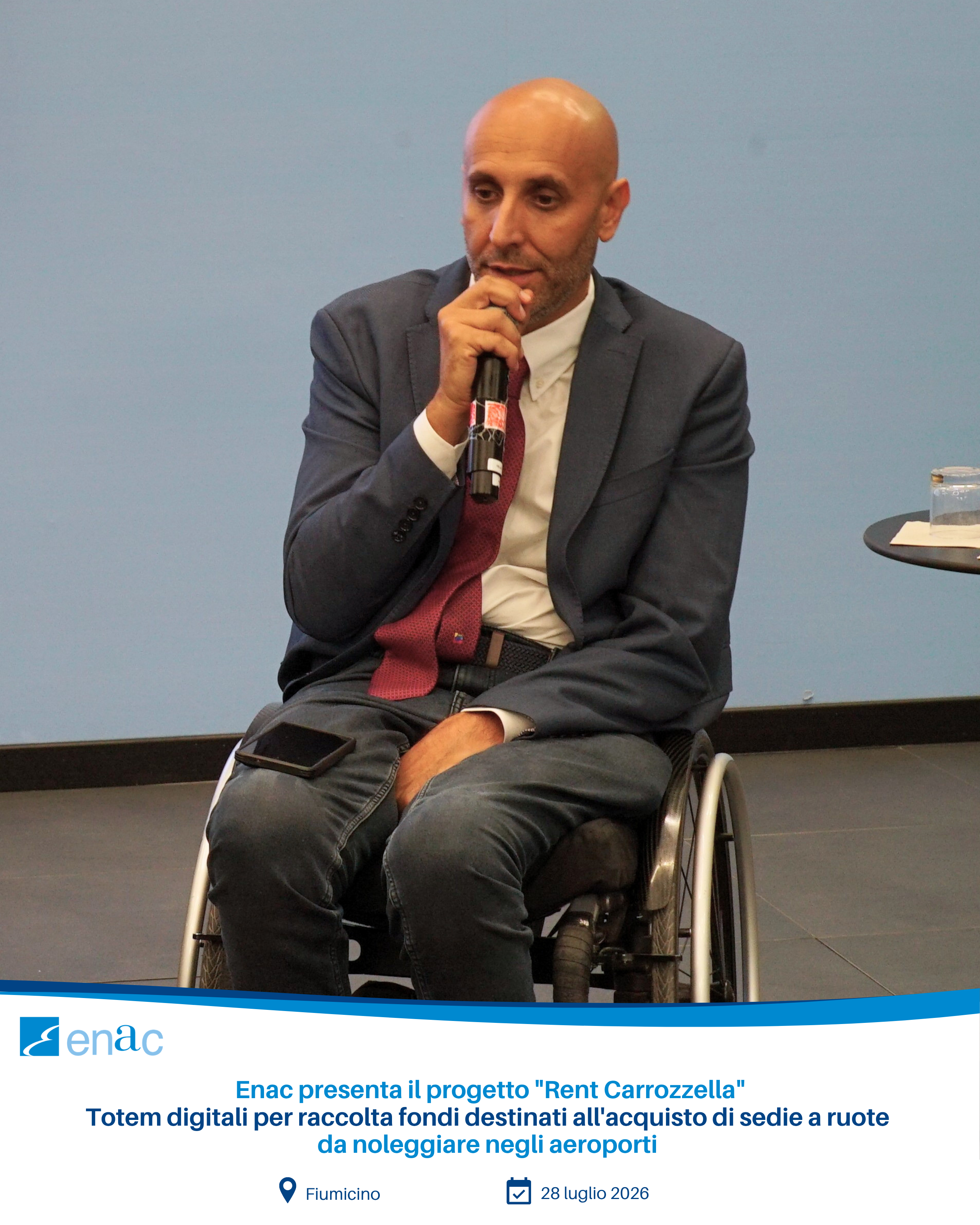 Home News e comunicazioni News e media Enac presenta il progetto “Rent Carrozzella”: totem digitali per raccolta fondi destinati all’acquisto di sedie a ruote da noleggiare negli aeroporti Enac presenta il progetto “Rent Carrozzella”: totem digitali per raccolta fondi destinati all’acquisto di sedie a ruote da noleggiare negli aeroporti
