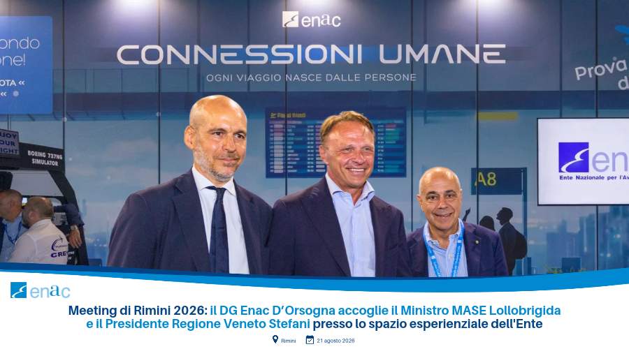 Meeting di Rimini 2026: il DG Enac D’Orsogna accoglie il Ministro MASE Lollobrigida e il Presidente Regione Veneto Stefani presso lo spazio esperienziale dell'Ente