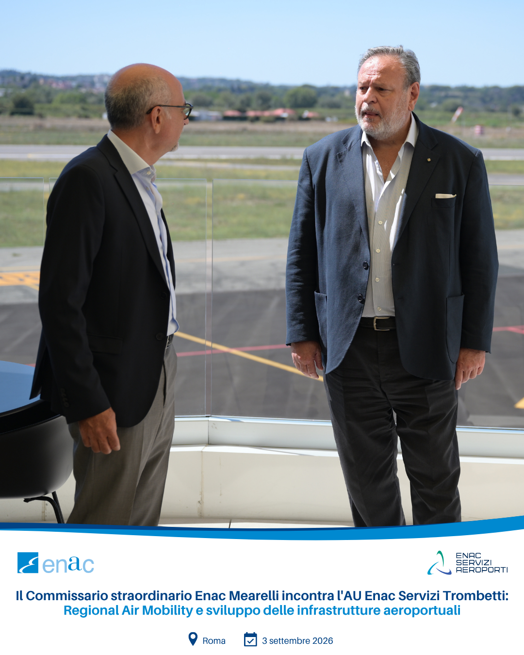 Il Commissario straordinario Enac Mearelli incontra l'AU Enac Servizi Trombetti: Regional Air Mobility e sviluppo delle infrastrutture aeroportuali