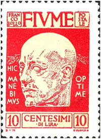 Francobollo del 1920 da 10 centesimi di Lira, con l'effigie di Gabriele D'Annunzio. 
