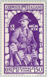 Francobollo del 1934 da 50 centesimi di Lira, con l'immagine di Gabriele D'Annunzio per il decennale dell'impresa di Fiume.
