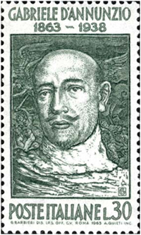 Francobollo emesso nel 1963, da 30 Lire, con un ritratto di Gabriele D'Annunzio. 